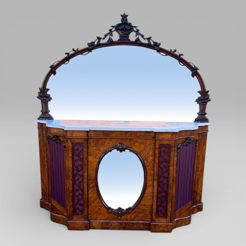 Antique Victorian Walnut & Marble Topped Carved Mirror Backed Sideboard Credenza